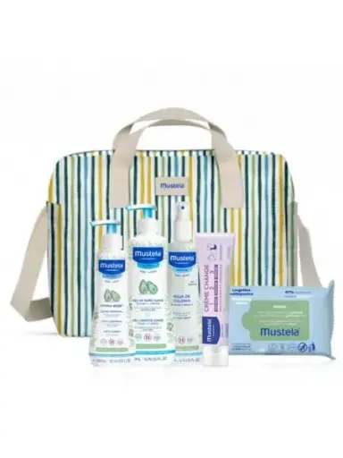 [8436034154310] Mustela Bolsa De Paseo Little Moments Rayas 5 Productos De Higiene